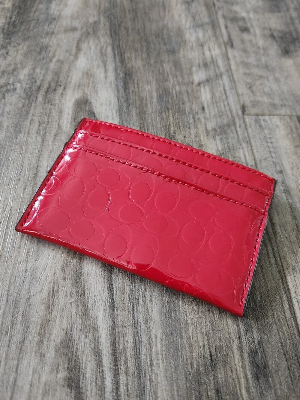 Coach Slim Patent Leather Cherry Red Card Case Wallet Signature C